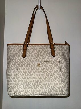 Michael Kors Cream Signature Tote with Tan Leather Trim